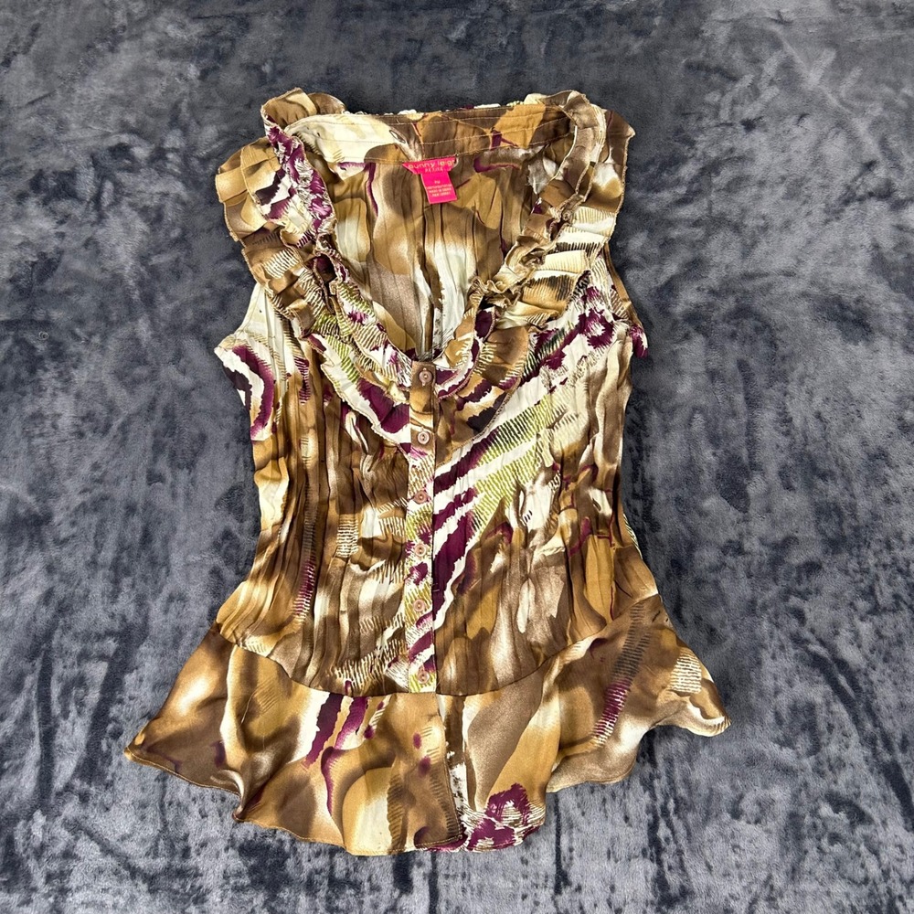 Sunny Leigh Sleeveless Blouse Womens PM Brown Purple Ruffle Peplum Abstract